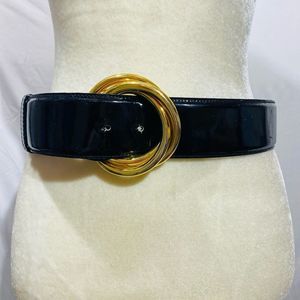 Salvatore Ferragamo Black Wide Enamel Leather Belt with Gold-Tone Trinity Buckle